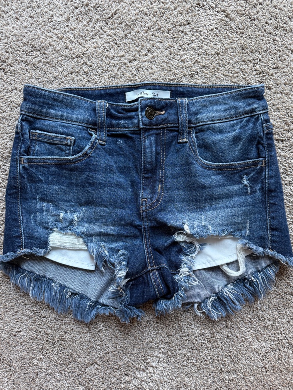 Ruffled Distressed Mid-Rise Denim Shorts - Blue
